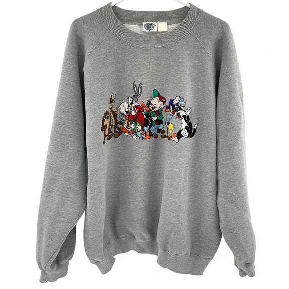 Vtg 90s Looney Tunes Acme Characters Embroidered Gray Sweatshirt Mens Size L